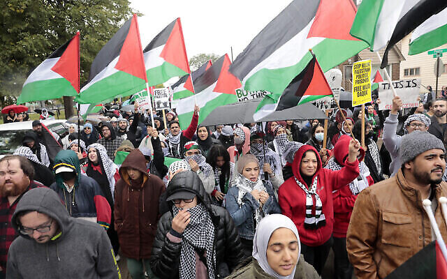 Une manifestation anti-Israël pendant la guerre entre Israël et le Hamas, à Dearborn, dans le Michigan, le 14 octobre 2023. (Crédit : Jeff Kowalsky/AFP)