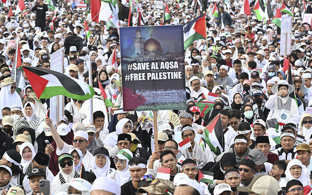 Des personnes participent à un grand rassemblement en soutien aux Palestiniens à Jakarta, le 5 novembre 2023. (Photo par Adek BERRY / AFP)