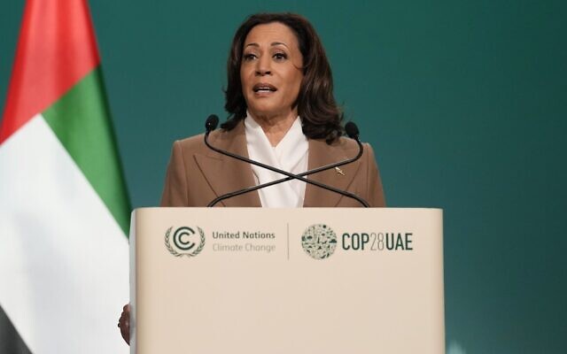La vice-présidente Kamala Harris parle pendant une séance plénière du sommet sur le climat de la COP28 à Dubaï, aux Émirats arabes unis, le 2 décembre 2023. (Crédit : AP Photo/Kamran Jebreili)