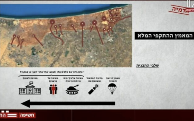Un diagramme montré sur la Douzième chaîne le 4 décembre 2023, tiré d'un reportage de Tsahal en juillet 2022, sur les plans d'invasion potentiels du Hamas. (Crédit : Capture d'écran de la Douzième chaîne ; utilisée conformément à la clause 27a de la loi sur les droits d'auteur)