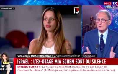 L'ancienne otage à Gaza Mia Shem et le vice-amiral Michel Olhagaray sur LCI, le 28 décembre 2023. (Crédit : Capture d’écran LCI)