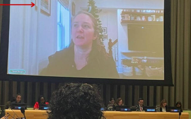 Sarah Douglas, responsable adjointe d'ONU Femmes, s’exprime à l’ONU en visio depuis chez elle, aux côtés d'une affiche « Palestine » aux couleurs du drapeau palestinien. (Crédit : Capture d’écran X / Hillel Neuer)