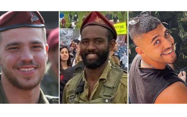 De gauche à droite : Le sergent-chef Amit Bonzel, le sergent-chef Alemnew Emanuel Feleke, et le sergent de première classe (réserviste) Maor Gershoni, 24 ans, tués lors de combats dans la bande de Gaza le 6 décembre 2023. (Crédit : Armée israélienne)