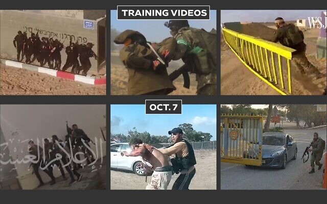 Extrait d'une analyse vidéo du Wall Street Journal montrant des images des sessions d’entraînements annuels de groupes terroristes gazaouis à côté d'images similaires de l'attaque du 7 octobre du Hamas dans le sud d'Israël, diffusé le 12 décembre 2023. (Crédit : Capture d'écran du Wall Street Journal)