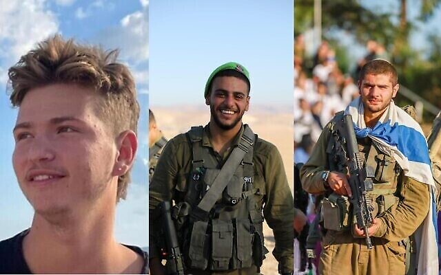 Cette photo composite montre le lieutenant Omri Shwartz (à gauche), le sergent. Lavi Ghasi (au centre) et le lieutenant Yaacov Elian. (Crédit : armée  israélienne)