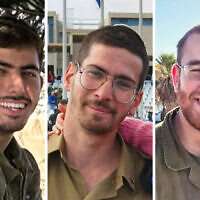 Sergent Yakir Yedidya Schenkolewski (droite), Capitaine Eitan Fisch (centre) et sergent-chef Tuval Yaakov Tsanani. Tsahal a annoncé le 5 décembre qu'ils sont tombés au combat à Gaza. (Crédit : armée israélienne)