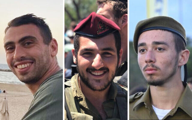 De gauche à droite : Omri Ben Shachar, Liav Atiya et Maor Cohen Eisenkot, tués dans le cadre de la guerre contre le Hamas, dont l’armée israélienne a annoncé le décès le 9 décembre 2023. (Crédit : Armée israélienne)