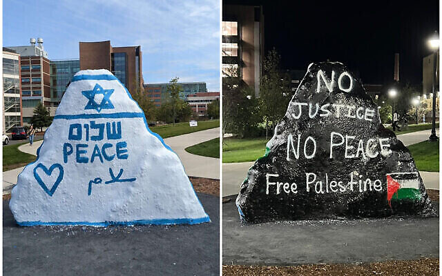 Le 8 octobre 2023, des étudiants juifs ont peint un rocher sur le campus de l'Université du Connecticut, à Storrs, avec un message de paix. Des étudiants pro-palestiniens l'ont recouvert le lendemain. (Avec l'aimable autorisation de Jessica Baden)
