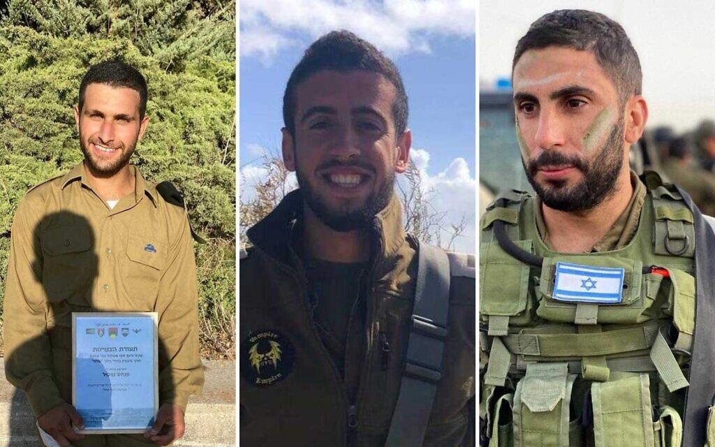 De gauche à droite : le sergent Première classe (res.) Asaf Pinhas Tubul, 22 ans, Cpt. (res.) Neriya Zisk, 24 ans, major Dvir David Fima 32 ans. (Crédit : Armée israélienne)