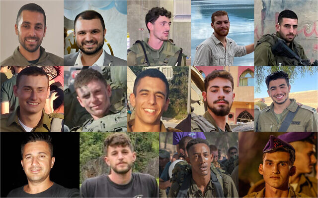 Soldats de Tsahal tués dans la bande de Gaza les 22 et 23 décembre 2023 : En haut, de gauche à droite : le sergent-chef (res.) Nadav Issachar Farhi, le sergent-chef (res.) Eliyahu Meir Ohana, le sergent de première classe (res.) Elyassaf Shoshan, le sergent de première classe (res.) Ohad Ashur, le sergent-chef Roy Elias ; au milieu, le sergent-chef David Bogdanovskyi, le sergent-chef Orel Bashan, le sergent-chef Itamar Shemen, le sergent-chef Roy Elias ; au milieu : Sgt David Bogdanovskyi, Sgt Orel Bashan, Sgt Itamar Shemen, Sgt Gal Hershko, Cpt Oshri Moshe Butzhak ; en bas : L'Adjudant Alexander Shpits, le Sch Shay Termin, le Sch Birhanu Kassie et le Sch Nir Rafael Kananian. (Autorisations)