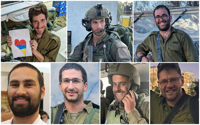 Soldats de Tsahal tués dans la bande de Gaza le 10 décembre 2023 : En haut, de gauche à droite, le sergent-major (res.) Etay Perry, le caporal (res.) Eliya Yanovsky, le sergent-chef (res.) Ari Yehiel Zenilman ; en bas, le sergent-major (res.) Gideon Ilani, le maj : Le Sgt (res.) Gideon Ilani, le Cdt (res.) Eviatar Cohen, le Cdt Gal Becher et le Cdt (res.) Roman Bronshtein. (Photos : autorisation ; montage : Times of Israel)