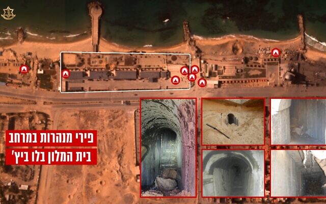Cette infographie publiée par Tsahal le 5 janvier 2024 montre les emplacements des tunnels du Hamas dans la zone de la station balnéaire Blue Beach Resort au nord de Gaza (Crédit : Armée israélienne)