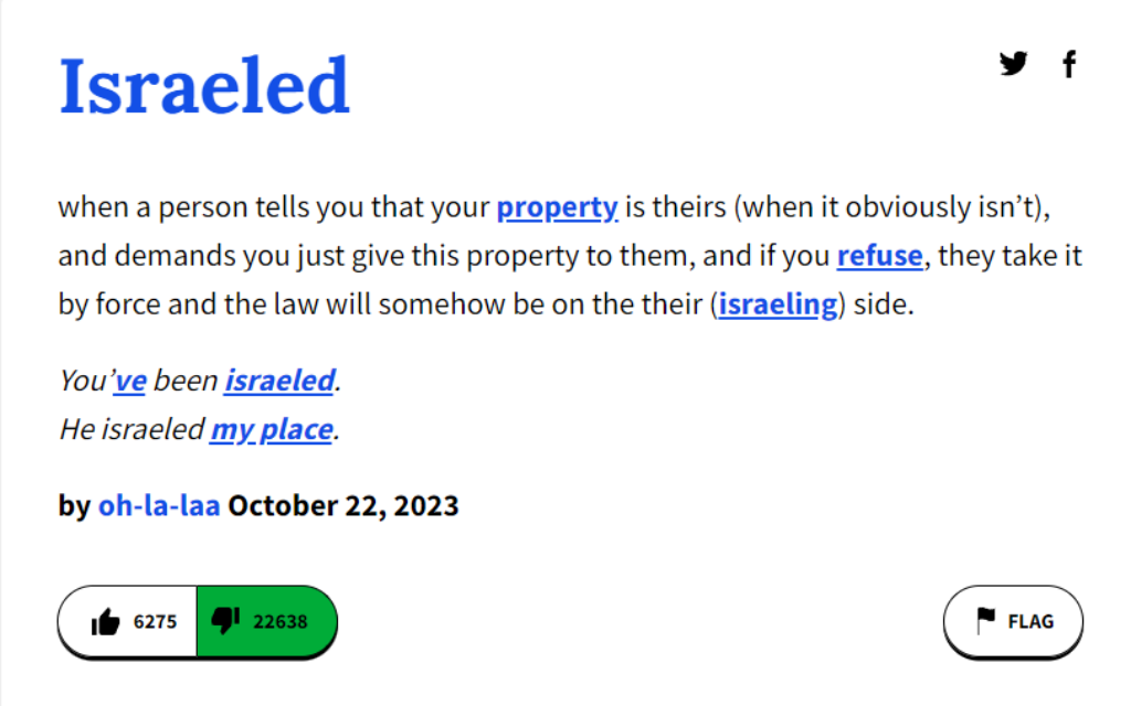 Capture d'écran de l'Urban Dictionary du terme "Israeled", ajouté en octobre 2023. (Crédit : Matt Lebovic/Times of Israel)