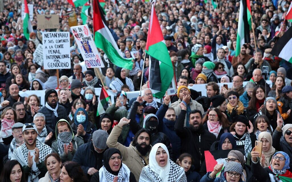 Des manifestants pro-palestiniens lors d'un rassemblement à Barcelone, le 20 janvier 2024. (Crédit : LLUIS GENE / AFP)