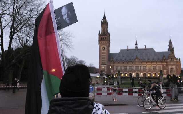 Un manifestant se tenant devant la Cour internationale de justice avant une audience, à La Haye, aux Pays-Bas, le 12 janvier 2024. (Crédit : Patrick Post/AP Photo)