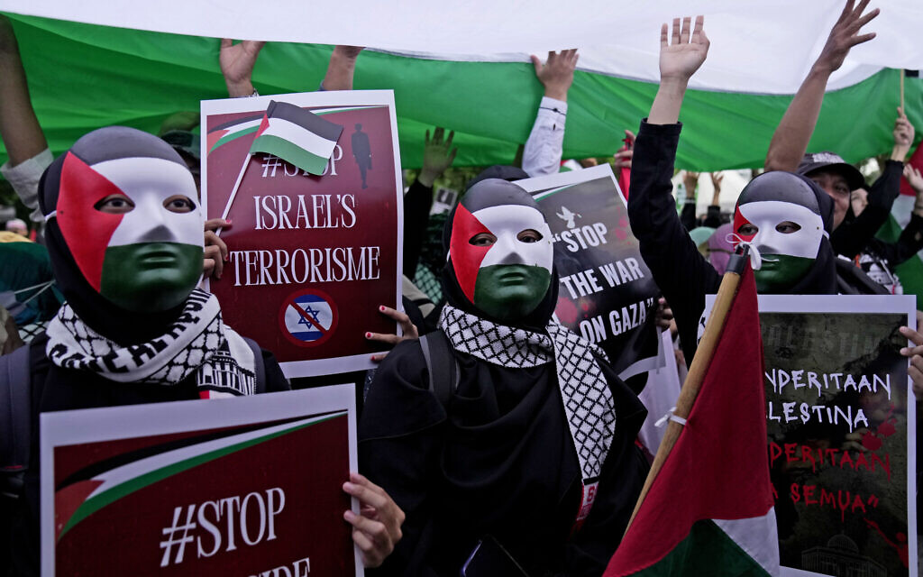 Des manifestants portant des masques aux couleurs du drapeau palestinien tenant des affiches lors d'un rassemblement devant l'ambassade américaine, à Jakarta, en Indonésie, le 13 janvier 2024. (Crédit : Dita Alangkara/AP Photo)