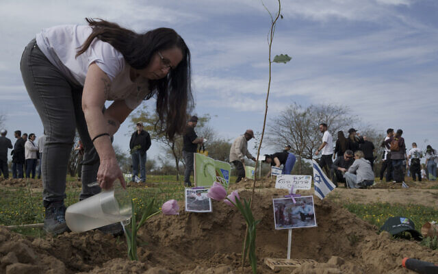 Ela Bahat versant de l'eau où elle et son époux ont planté un arbre et des tulipes en mémoire de leur fils Dror, 30 ans, assassiné le 7 octobre lors de l'attaque transfrontalière perpétrée par des terroristes du Hamas au Festival Supernova, à proximité du kibboutz Reïm, dans le sud d'Israël, lors d'un événement où les amis et les parents ont planté des arbres en mémoire de leurs proches, le 21 janvier 2024. (Crédit : Leo Correa/AP Photo)