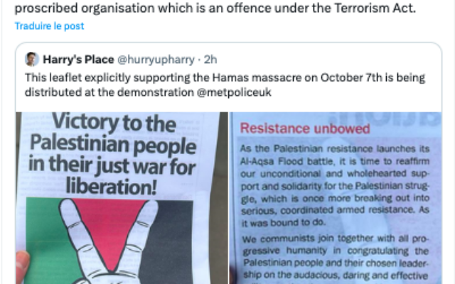 Message de la Metropolitan Police de Londres annonçant l’arrestation de trois personnes accusées d’avoir distribué des tracts saluant l'attaque du 7 octobre. (Crédit : X)