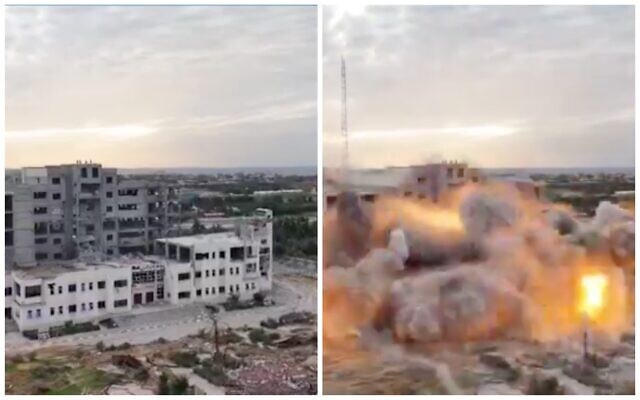 Photos avant et après de l'université Israa à Gaza, détruite par l'armée israélienne le 17 janvier 2024. (Crédit : Capture d'écran X)
