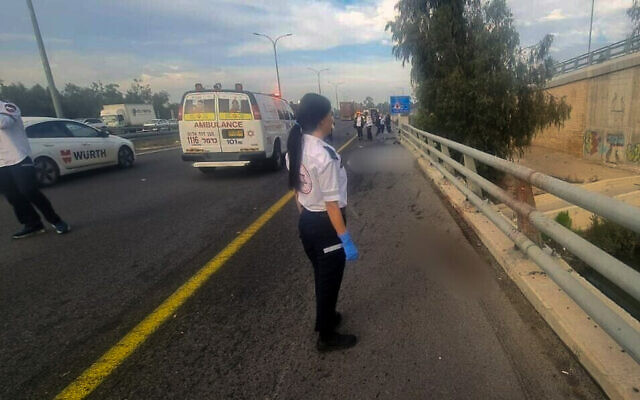 Une secouriste du Magen David Adom sur les lieux d'un accident de la route à l'échangeur de Bialik sur la Route 22, dans le nord d'Israël, le 21 janvier 2024. (Crédit : Magen David Adom)