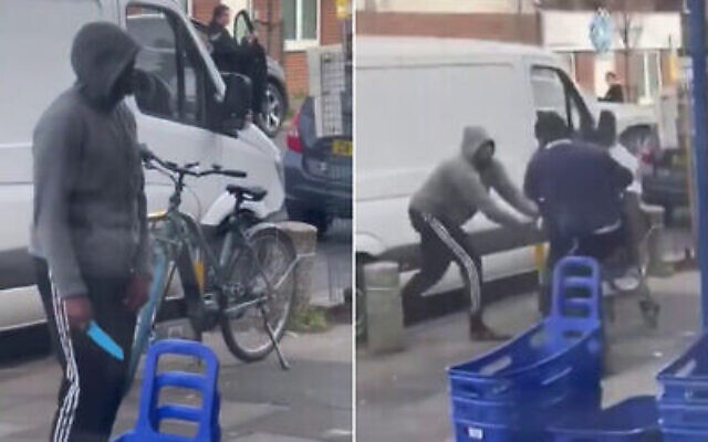L'individu en possession d'une arme blanche impliqué dans l'agression d'un supermarché casher du quartier de Golders Green, à Londres, le 29 janvier 2024. (Capture d'écran : X)