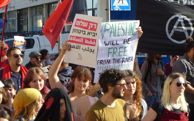 Une manifestante brandissant une pancarte sur laquelle on peut lire "De la rivière à la mer, la Palestine sera libre" lors d'un rassemblement anti-guerre, à Haïfa, le 20 janvier 2024. (Crédit : Canaan Lidor/Times of Israel)