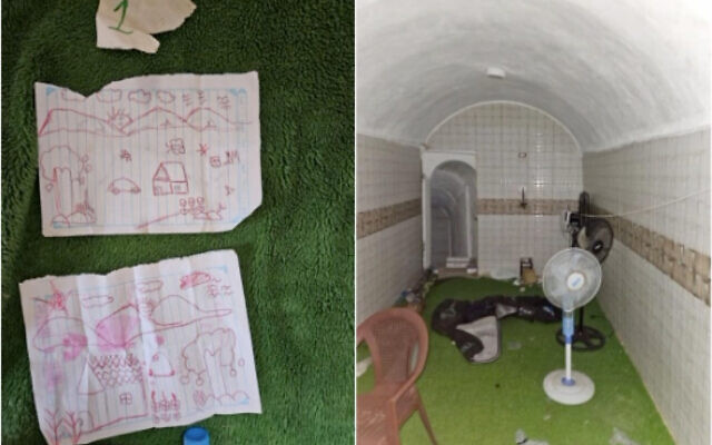 À gauche, des dessins faits par l'ex-Emilia Aloni, 5 ans, libérée fin novembre, trouvés dans un tunnel, à Khan Younès, dans le sud de Gaza ; à droite, une zone du tunnel où des otages ont été détenus, sur des photos diffusées le 20 janvier 2024. (Crédit : Armée israélienne)