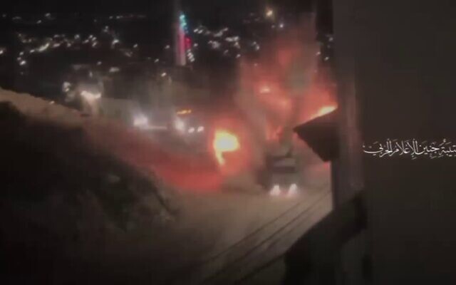 Image d'une vidéo montrant le moment où un véhicule de la police des frontières est touché par une bombe posée sur le bord de la route à Jénine, en Cisjordanie, le 7 janvier 2024. (Capture d'écran : Telegram)(Screenshot: Telegram)