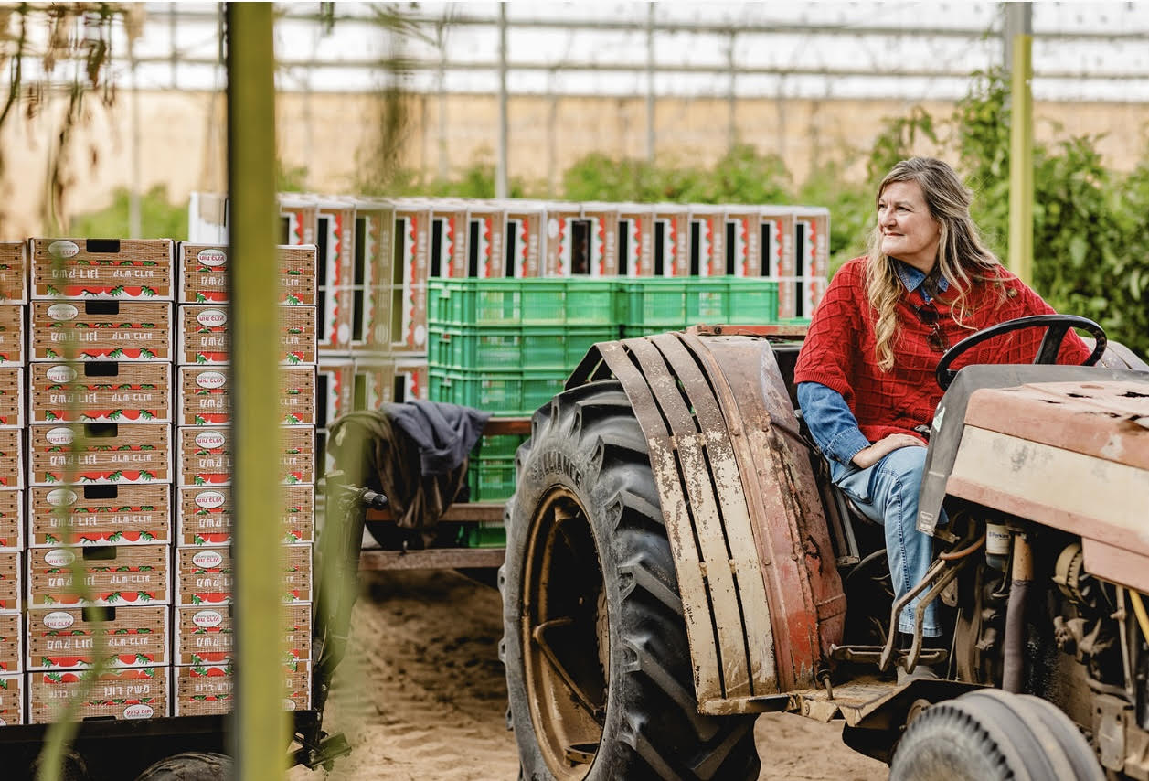 Kari Warberg Block, agricultrice et entrepreneuse américaine, qui s'est portée volontaire pour tailler des pieds de tomates et aider à récolter des terres agricoles dans l'ouest du Neguev, près de la frontière égyptienne, février 2024. (Crédit : Autorisation)