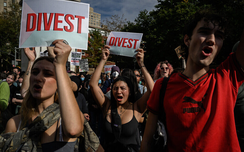 Des étudiants de l'Université de New York tiennent une pancarte « Désinvestissement » lors d'une manifestation pour la journée d'action nationale de Students for Justice in Palestine au parc Washington Square de New York, le 25 octobre 2023. (Crédit : Ed JONES / AFP)