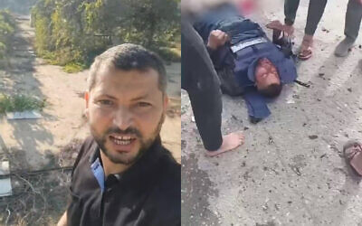 Ismail Abu Omar, journaliste d'Al Jazeera, au kibboutz Nir Oz le 7 octobre, et après avoir été touché lors d'une frappe à Rafah, dans le sud de Gaza, le 13 février 2024. (Capture d'écran : X)