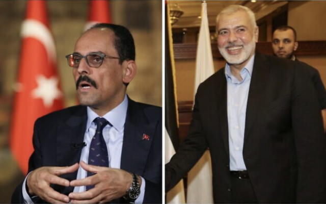 À gauche, le chef de l'Agence nationale de renseignement turque (MIT) Ibrahim Kalin ; à droite, le chef du Hamas Ismaïl Haniyeh. (Crédit : Collage AP)