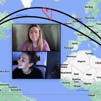 Image composite montrant des participantes à One2One lors d'un appel vidéo non daté, sur une carte reliant les États-Unis et Israël. (Crédit : Autorisation)