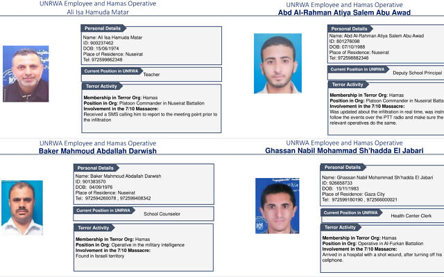 Quatre des douze employés de l'UNRWA accusés par Israël d’avoir participé aux massacres du 7 octobre. (Crédit : Autorisation)
