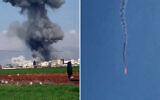 Une frappe aérienne israélienne près de Baalbek dans le nord-est du Liban (à gauche) après qu'un drone Hermes 450 de l'armée israélienne a été abattu par un missile du Hezbollah (à droite) au-dessus du sud du Liban, le 26 février 2024. (Crédit : Capture d'écran X)