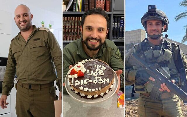 De gauche à droite : Le lieutenant-colonel (réserviste) Netanel Yaacov Elkouby, 36 ans ; le sergent première classe (réserviste) Ziv Chen, 27 ans ; le major (réserviste) Yair Cohen, 30 ans. (Crédit : Armée israélienne)