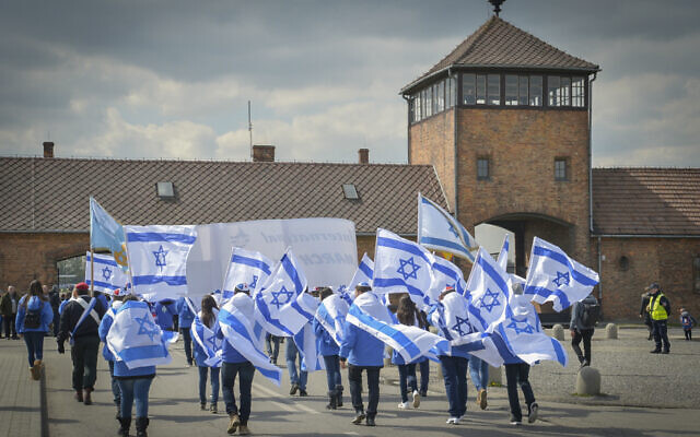 Des personnes du monde entier participant à la Marche des Vivants sur le site du camp d'Auschwitz-Birkenau en Pologne, alors qu'Israël marque la journée annuelle de commémoration de la Shoah, le 24 avril 2017. (Crédit : Yossi Zeliger/Flash90)