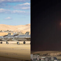 À gauche : des avions de combat F-35i, sur la base aérienne de Nevatim, dans le sud d'Israël, sur une photo non datée ; à droite : un missile balistique iranien peu avant son impact sur le sud d'Israël, le 14 avril 2024. (Crédit : Armée israélienne ; Capture d'écran X)