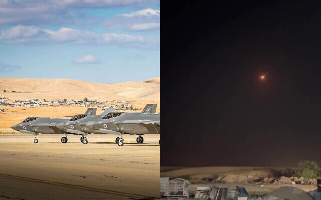 À gauche : des avions de combat F-35i, sur la base aérienne de Nevatim, dans le sud d'Israël, sur une photo non datée ; à droite : un missile balistique iranien peu avant son impact sur le sud d'Israël, le 14 avril 2024. (Crédit : Armée israélienne ; Capture d'écran X)