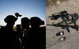 À droite : Des armes saisies sur deux terroristes palestiniens ayant ouvert le feu à un checkpoint, en Cisjordanie, le 27 avril 2024 ; à gauche : des troupes de l'armée israélienne en opération en Cisjordanie, sur une image publiée le 26 avril 2024. (Crédit : Armée israélienne)