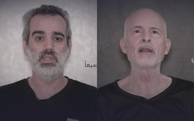 Les otages Keith Siegel (à droite) et Omri Miran, dans une vidéo de propagande du Hamas diffusée le 27 avril 2024. (Crédit : Capture d'écran Telegram)