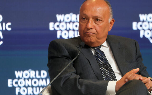 Le ministre égyptien des Affaires étrangères Sameh Choukry participant à une table ronde lors de la réunion spéciale du Forum économique mondial, à Ryad, le 29 avril 2024. (Crédit : Fayez Nureldine/AFP)
