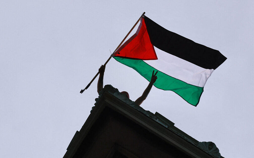 Une personne brandissant un drapeau palestinien alors que des étudiants protestataires et des activistes manifestent devant l'Université de Columbia, à New York, le 30 avril 2024. (Crédit : Kena Betancur/AFP)