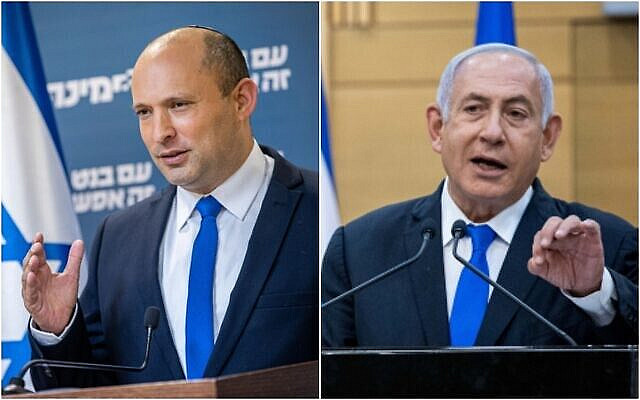 A gauche : le chef du parti Yamina, Naftali Bennett, donnant une conférence de presse à la Knesset à Jérusalem, le 21 avril 2021 ; a droite : Le Premier ministre Benjamin Netanyahu s'exprime lors d'une conférence de presse à la Knesset à Jérusalem, le 21 avril 2021 (Yonatan Sindel/Flash90)