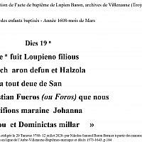 Transcription de l'acte de naissance de Lupien Villenauxe-Troyes fils de Sidrach Aron et Alzola N de San Sebastian