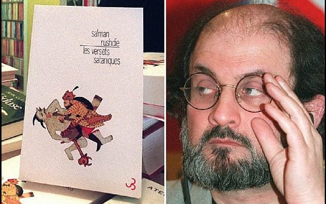 L'écrivain britannique d'origine indienne Salman Rushdie lors d'une conférence de presse le 12 février 1997 à Paris (D); et un exemplaire de l'édition française de son livre "Les Versets sataniques". - Jamais trouvés dans des traductions arabes clandestines incomplètes, "Les versets sataniques" auraient pu passer inaperçus dans le monde arabe, si ce n'était de la fatwa iranienne contre son auteur, Salman Rushdie. La fatwa de l'ayatollah Ruhollah Khomeiny appelant au meurtre de Rushdie - émise le 14 février 1989 et en vigueur depuis.(Photo par MARCEL MOCHET et JOEL ROBINE / AFP)