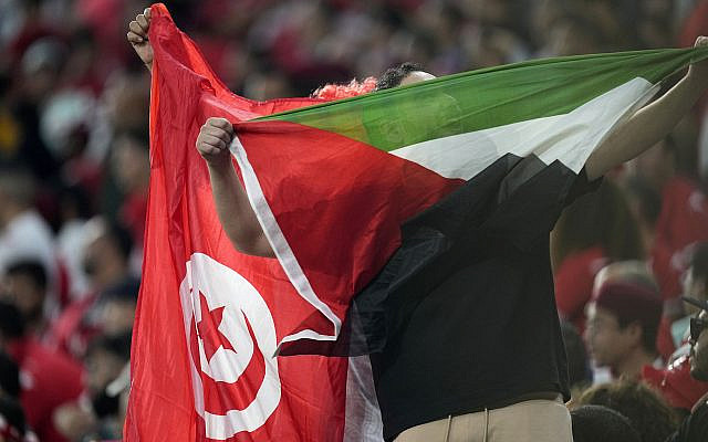 Drapeau de la Palestine et de la Tunisie lors du match de football du groupe D de la Coupe du monde entre le Danemark et la Tunisie, au stade Education City à Al Rayyan, au Qatar, le mardi 22 novembre 2022. (AP Photo/Ariel Schalit)