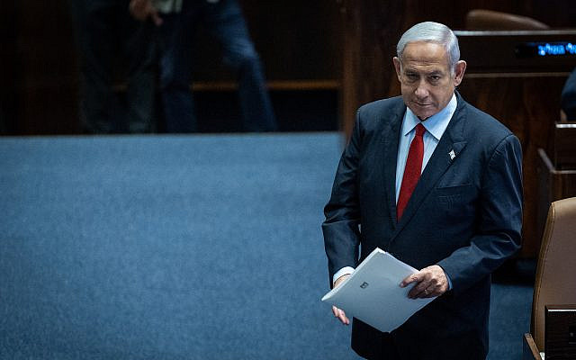 Le Premier ministre israélien Benjamin Netanyahu lors d'un débat "40 signatures", dans la salle plénière de la Knesset, le parlement israélien, le 29 mai 2023. Photo de Yonatan Sindel/Flash90