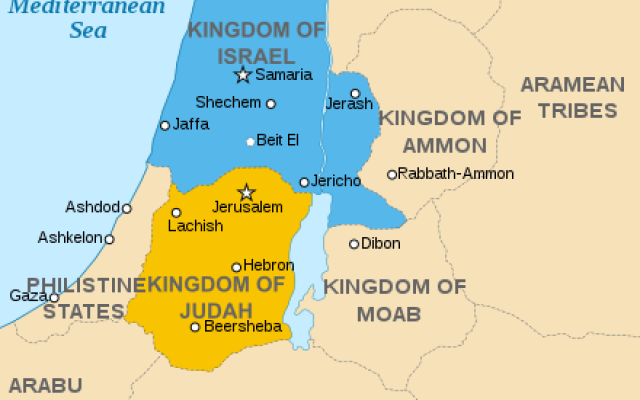 Localisation du Royaume de Juda (en jaune) (Crédit : https://fr.wikipedia.org/wiki/Royaume_de_Juda)