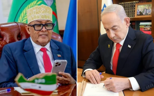 Montage photos (de gauche à droite) : Le président du Somaliland, Abdirahman Mohamed Abdullahi, s'entretenant avec le Premier ministre Benjamin Netanyahu, sur une photo publiée le 26 décembre 2025 ; le Premier ministre Benjamin Netanyahu signant la déclaration d'Israël reconnaissant la République du Somaliland comme un État indépendant, le 26 décembre 2025. (Crédits : Bureau de presse du gouvernement israélien ; Amos Ben Gershom/GPO)